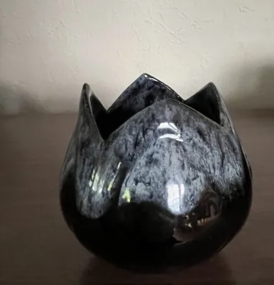 Anna VAN BRIGGLE Pottery Tulip Vase Blue Drip On Black Colo Spgs Hand Singed • $31