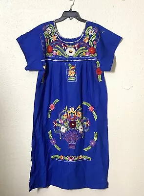 Women’s Blue Hand Embroidered Mexican Folk Art Dress Multicolor Flowers Sz L • £26.06