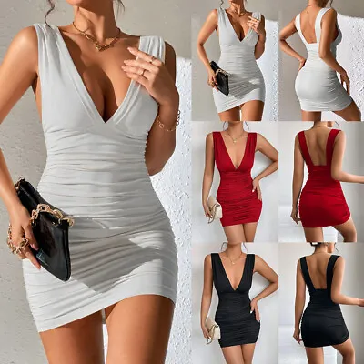 $18.19 • Buy Sexy Women Deep V Neck Bodycon Mini Dress Evening Cocktail Ruched Party Dress US