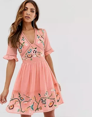 $59.99 • Buy ❤️ NEW❤️ASOS 12 14 Pink Floral Embroidered Chiffon Look Fit And Flare Mini Dress