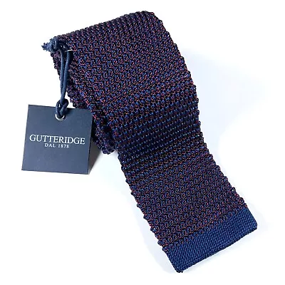 Square End Knit Tie Made In Italy 100% Silk Dark Blue And Burgundy GUTTERIDGE • $28.99