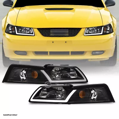 For 1999-2004 Ford Mustang Black Crystal Headlights Signal Amber W/LED Tube Bar • $132