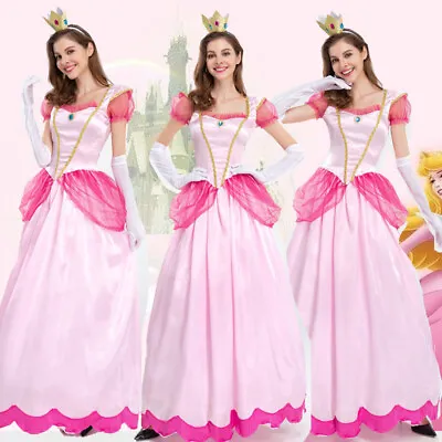 Super Mario Adult Woman's Sweet Peach Princess Dress Carnival Cosplay Costume UK • £18.70