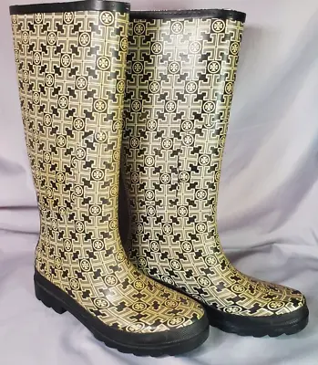 Tory Burch Rubber Rain Boots Womens Size 9 All Over Signature Logo Monogram Tall • $69.95