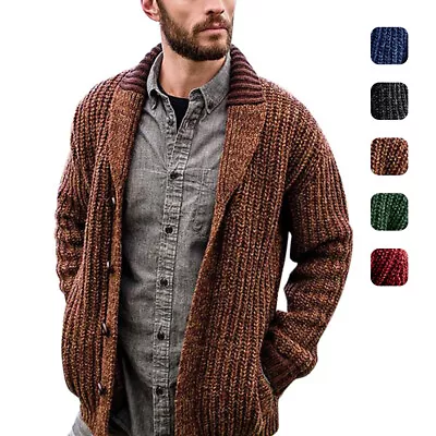 Mens Knitted Cardigans Sweater Shawl Collar Braided Jacket Warm Button Jumper • $21.99