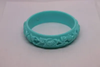 Vintage Bangle Bracelet Light Teal Blue Carved Roses Floral Plastic Lucite? • $24.99