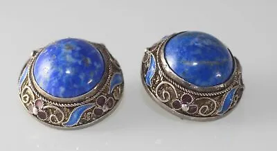 Vintage Antique Chinese  Gilt Silver Filigree Enamel Sodalite Earrings • $119.99