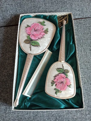£24 • Buy Vintage 3 Piece Silver Gilt And Pink Roses Vanity Dressing Table Set New In Box 