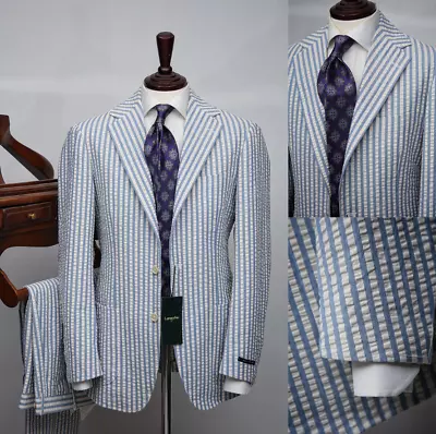 Blue Seersucker Men's Suits 2 Pieces Party Summer Jacket Wedding Groom Tuxedos • $53.99