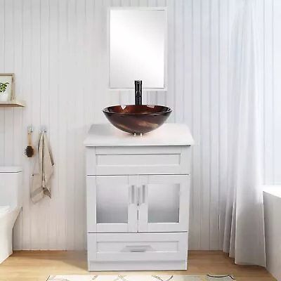24'' Bathroom Vanity Cabinet Vessel Sink Sets Tempered Glass Faucet Drain Combo • $237.99