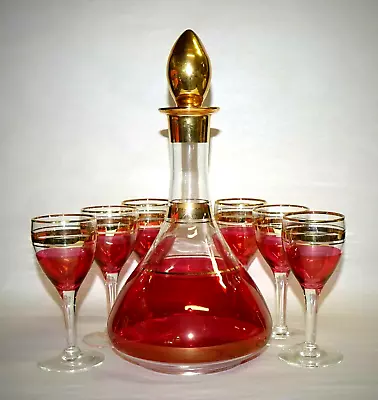 Vintage Glass Wine Liquor Decanter Set Red Cranberry & Gold With 6 Glasses • $58