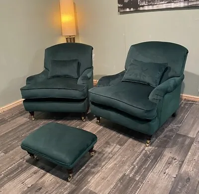 Beautiful Pair Of Howard Style Armchairs & Footstool Dark Green Velvet Castor • £795