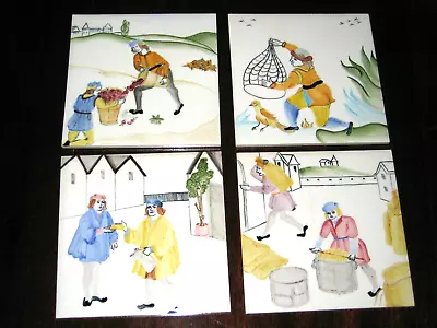 Vintage Wheeling Cushion Pottery Tile Medieval Scenes  6x6  Set Of 4 Handpainted • £48.16