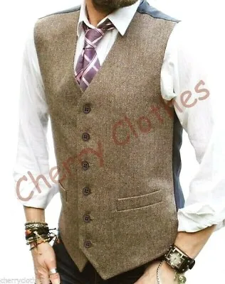 Mens Wool Blend Tweed Brown Beige Herringbone Waistcoat Vest Gilet  M L Xl Xxl • $45.97