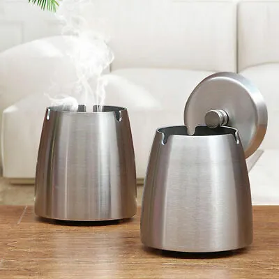 £8.59 • Buy Stainless Steel Ashtray Wind Proof Smoking Cigarette Round Ash Tray Bin With Lid