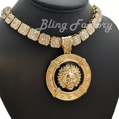 Gold Plated Alloy Medusa Medal Pendant & Full Iced Cubic Zirconia Chain Necklace • $17.99