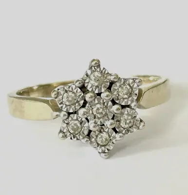 Gold Diamond Ring Size M 1/2 Exquisite Flower Cluster - 9ct Yellow & White Gold • £156