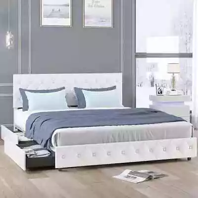 King Size Bed Frame With 4 Storage DrawersPU Leather Upholstered Platform Bed • $199.99