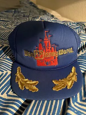 VINTAGE WALT DISNEY WORLD CASTLE BLUE MESH TRUCKER SNAPBACK HAT 80s • $0.99