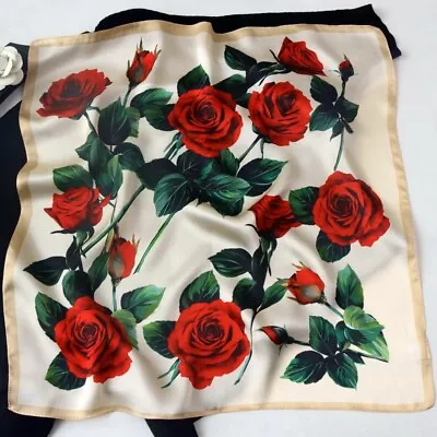 100% Silk Square Scarf Small Head Bandana Vintage Red Rose Kerchief Turban 53 Cm • $9.84