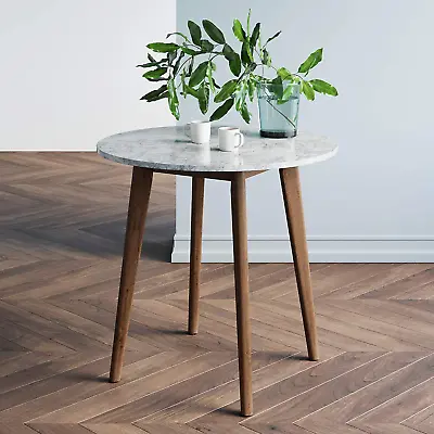Round Marble Bistro Dining Table With Legs In Wood Finish Faux White Marble Tabl • $200.99