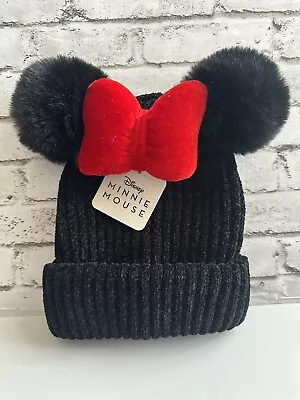 Disney Winter Beanie Black Hat Minnie Mouse Pom Poms One Size • $15