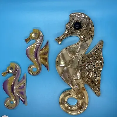 Set Of 3 Vintage Lucite Seahorses Abalone Acrylic Wall Plaques Mid Century Mod • $59.99