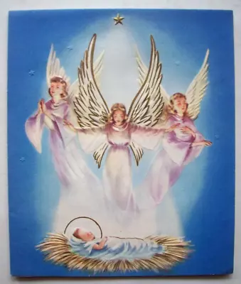 3 Angels Pray Over Holy Child Embossed Vintage Christmas Greeting Card * JJ19 • $6.99