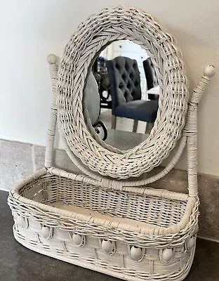 Vintage White Wicker And Wood Oval Mirror Table Top Swivel Vanity With Basket • $30