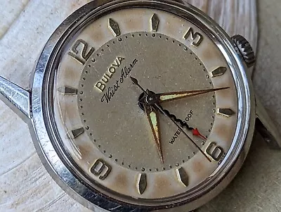 Vintage 1962 Bulova Wrist Alarm All SS Watch W/Uniquely Aged DialSigned Crowns • $450