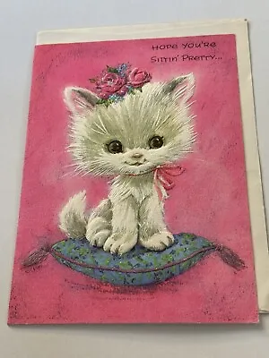 Vintage Greeting Card Birthday Cat Kitten On Pillow Pinks G7 • $4