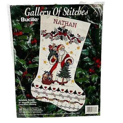 Vintage Bucilla Christmas Stocking Counted Cross Stitch Kit Yuletide Santa 1993 • $25