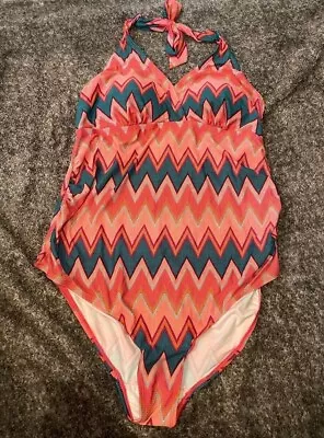 Beach Bump Motherhood Maternity One Piece Swimsuit Chevron Tie Neck Size XL • $15