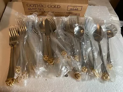 Vintage 46 Piece ESTIA Gothic Gold Accent Stainless Steel Flatware Set Korea New • $115