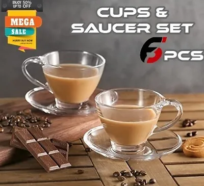 Set Of 6 Cup Saucers Set Home Kitchen Coffee Cappuccino Tea Clears Glass Cups • £16.99