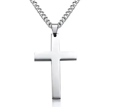 Mens Women Chain Necklace Silver Colour Cross Pendant Stainless Steel • £5.95