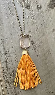 J Crew Orange Beaded Tassel Blush Pink Crystal Pendant Gold Chain Necklace • $22.99