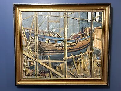 Vintage Framed Oil Painting Galleon Ship Building By Geraldine Mead Devon Artist • £75