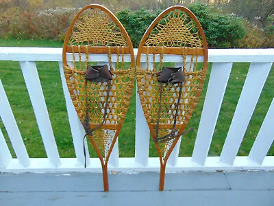 Vintage Attractive Wooden Snow Shoes FABER Made In Canada Nice Patina 42  X 14  • $125