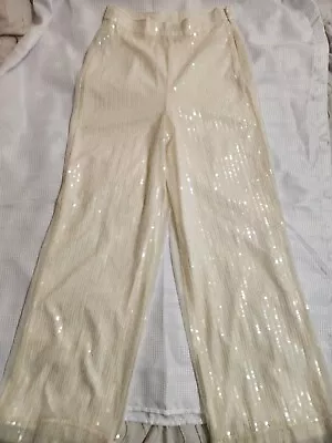 House Of Harlow 1960 Revolve Wide Leg Sequin Pants High Waist Cream Size 6 • $31.99