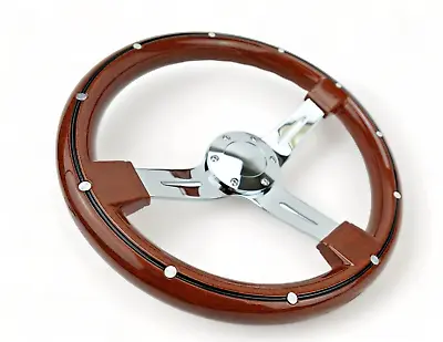 14  Chrome 3 Spoke Steering Wheel W Dark ABS Wood Mahogany Grip 6 Hole Slotted • $79.99