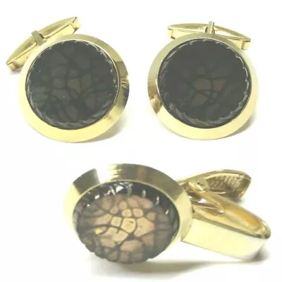 Sarah Coventry Shimmer Gold Brown Black Web Round Gold Cufflinks Tie Clip Set • $19.95