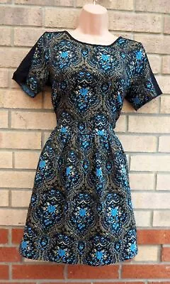 River Island Black Blue Paisley Floral Tapestry Textured Skater Mini Dress 8 10  • £14.99