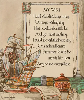 BUZZA MOTTO Vintage C1926 ART MOTTO NOS Poem/Print MY WISH (About Friendship) • $24.99