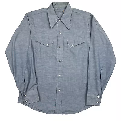 Vintage 70s Pearl Snap Long Sleeve Western Chambray Shirt Mens Medium Rockabilly • $24.99