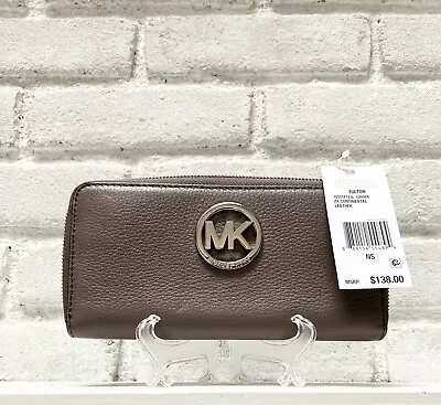 Nwt Michael Kors $138 Fulton Zip Continental Leather Wallet Cinder Taupe Brown • $69