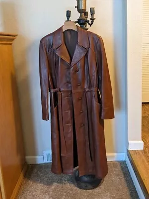 Vintage Leather Belted Trench Coat Size 11 Medium Cherry Wood Brown  Series 500 • $90