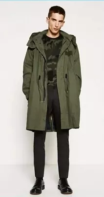 Zara Mens Parka M Forest Green Removable  Hood Military Coat Water Repelent M • $129.95