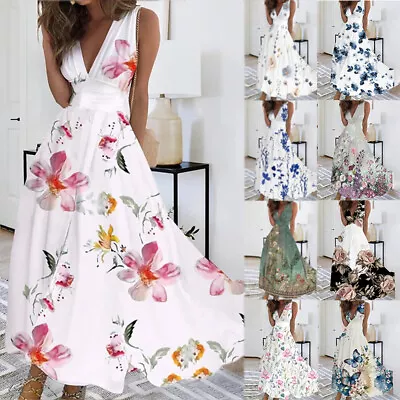 Womens V Neck Boho Floral Maxi Dress Ladies Summer Holiday Party Long Sundress • £15.39
