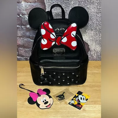 Loungefly Disney Minnie Mouse Bow Black Mini Backpack + Luggage Tags Excellent • $125